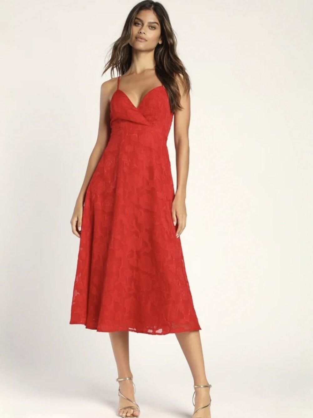 Lulus Perfectly Picturesque Red Floral Burnout Surplice Midi Dress NWT